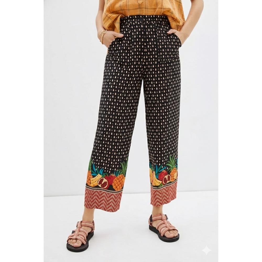 Farm Rio x Anthropologie Tucker Tropical Fruit Wide Leg Paperbag Pants Black M